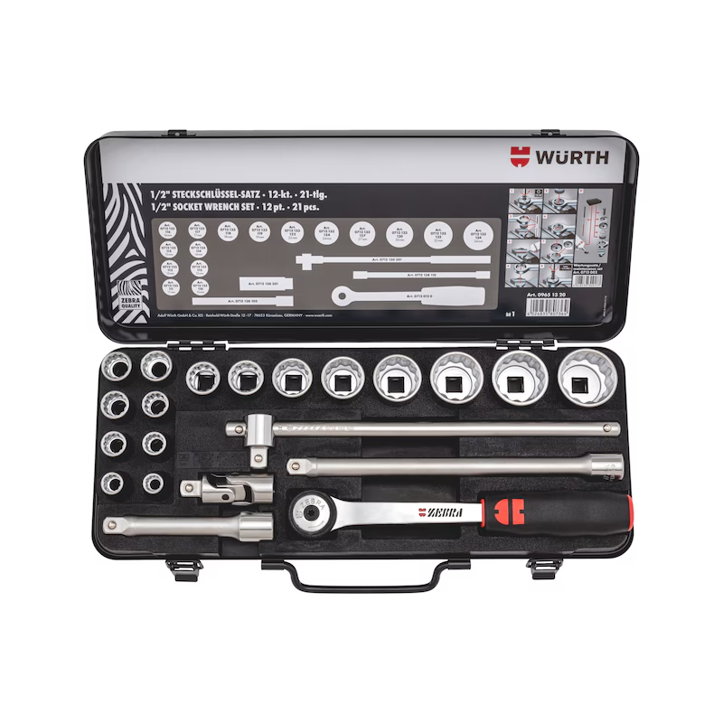 Würth Steckschlüsselsatz 1/2 Zoll 12 Kant 21 teilig Metallkassette ZEBRA