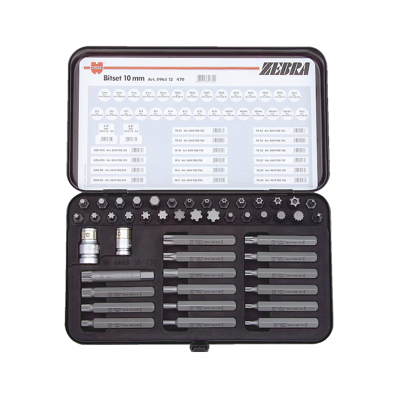 Würth Bit-Sortiment 47-teilig 10 mm – TX, TX mit Bohrung, Vielzahn (XZN), Keilform (RI), Innensechskant – Kfz-Spezialset im Metallkoffer