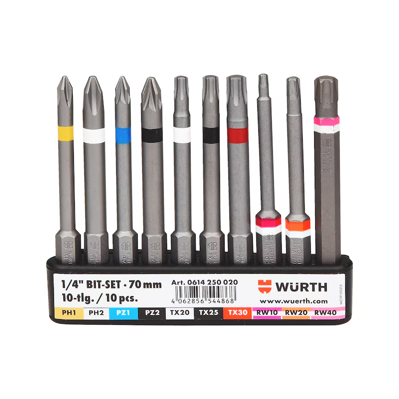 Würth Bit Sortiment 1/4 Zoll 10 teilig mit Gürtelclip 70 mm