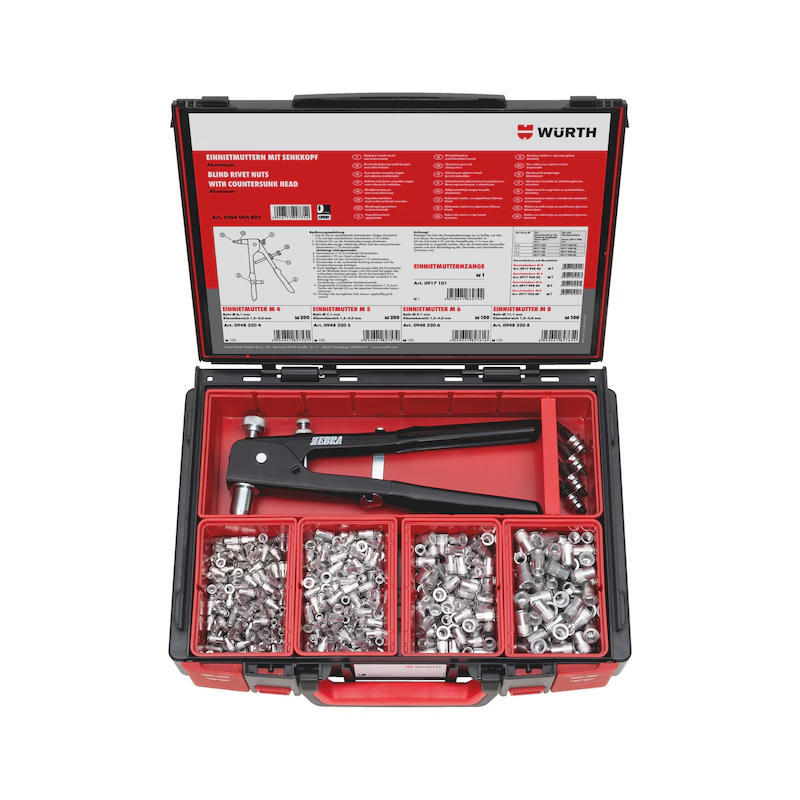Würth Einnietmuttern Senkkopf Sortiment 605-teilig M4–M8 Aluminium inkl. Zange ORSY 4.4.1