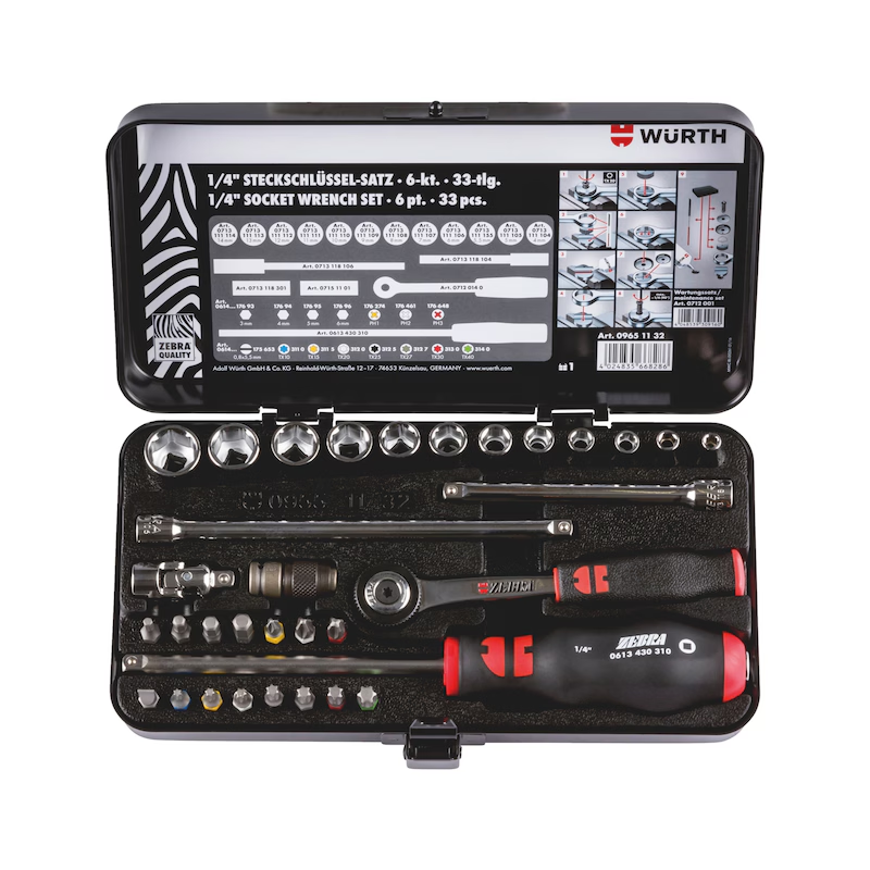 Würth Steckschlüsselsatz 1/4 Zoll 33 teilig Metallkassette ZEBRA Profi