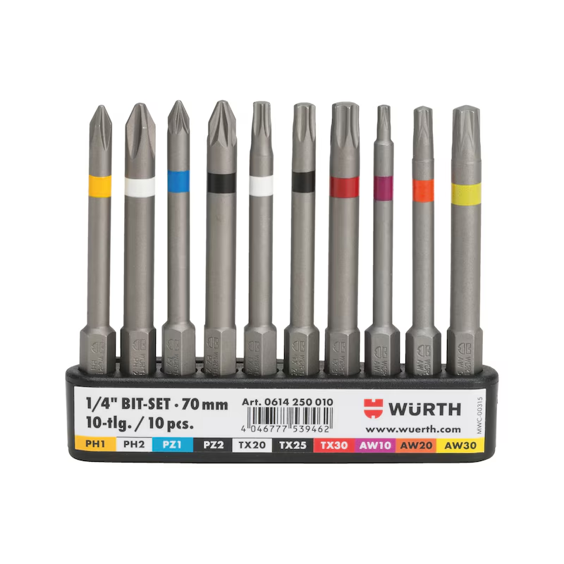 Würth Bit-Sortiment 1/4 Zoll 10-teilig mit Gürtelclip – PH / PZ / TX / AW – 70 mm
