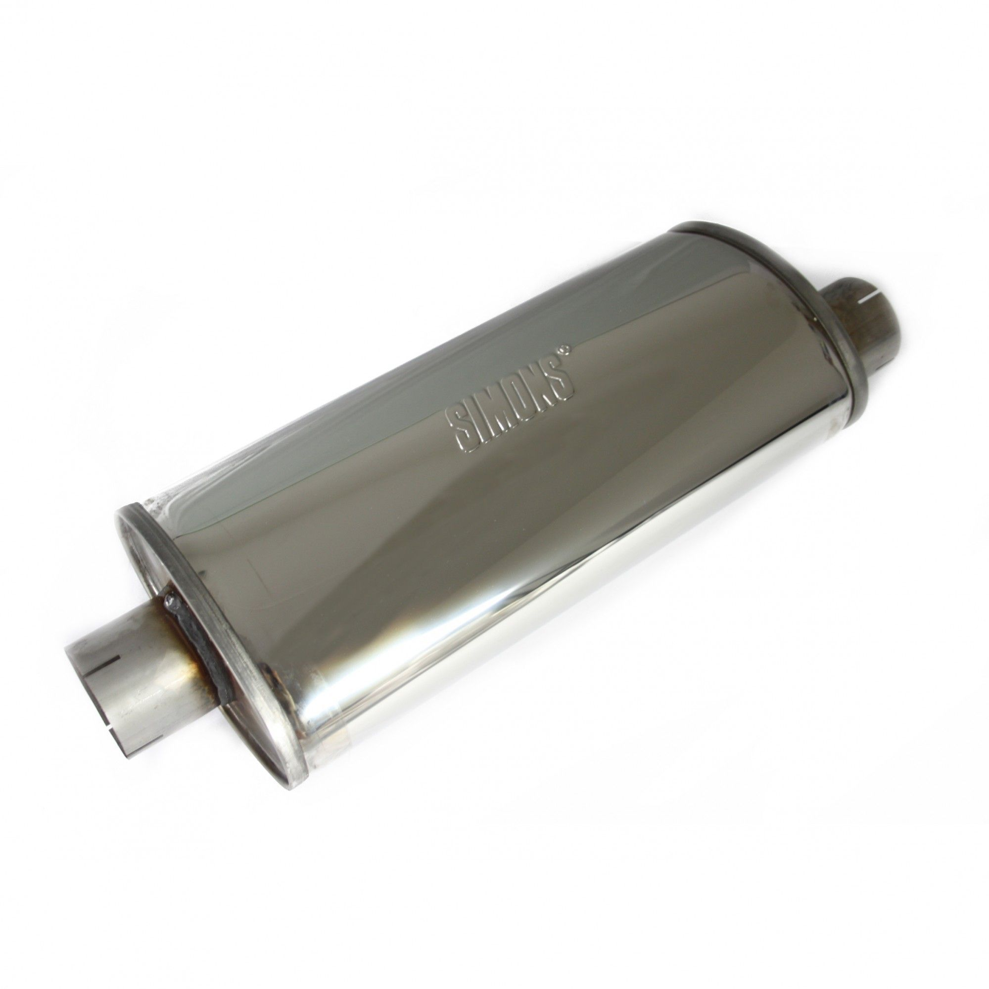 SIMONS Universal Edelstahl Schalldämpfer TOPF Auspuff LEISE - "TURBO" 76MM GLANZ