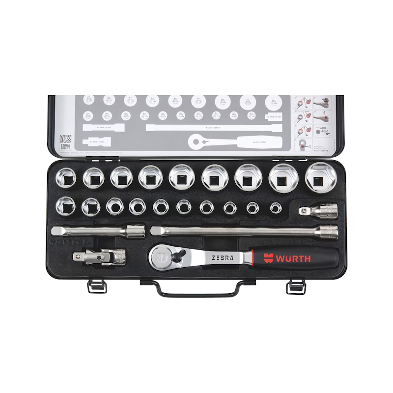 Würth Steckschlüsselsatz 1/2 Zoll 24 teilig mit staubgeschützter Knarre ZEBRA